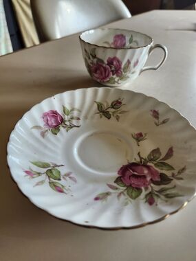 Elegant White Porcelain Teacup & Saucer Set with Pink Rose Pattern
